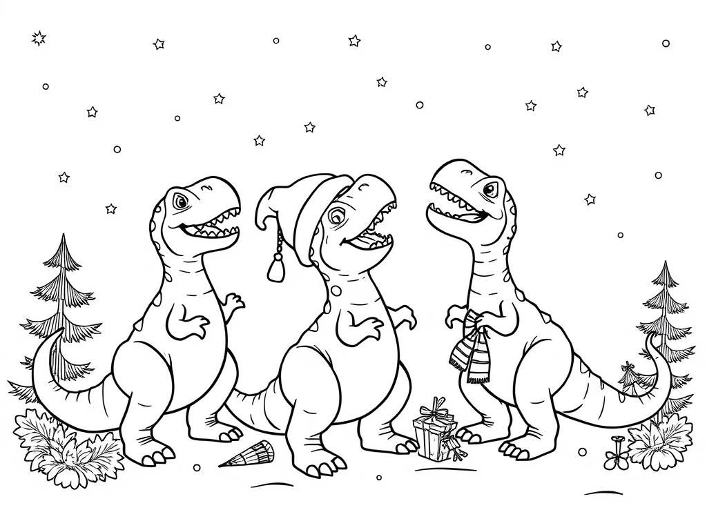 Christmas Dinosaurs Coloring Page