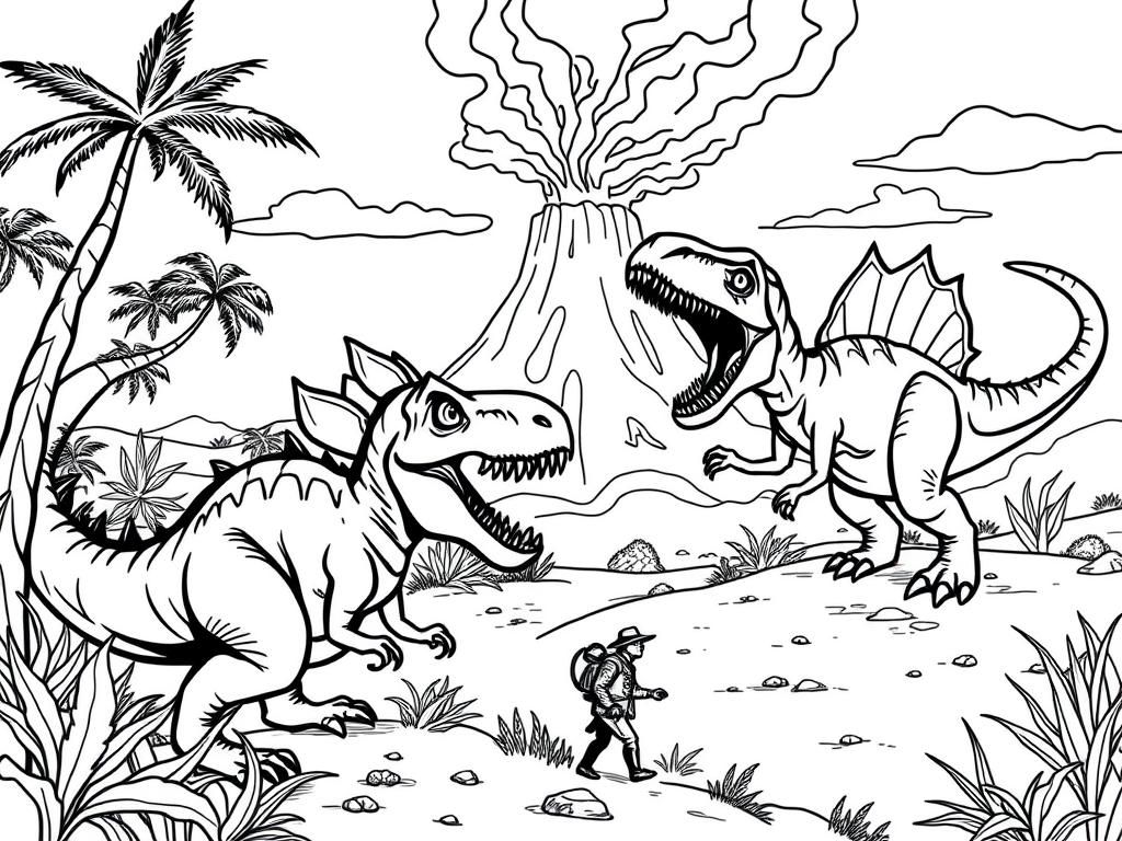 Dino Volcano Adventure Coloring Page