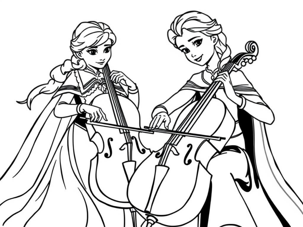 Elsa and Anna Cello Players Coloring Page