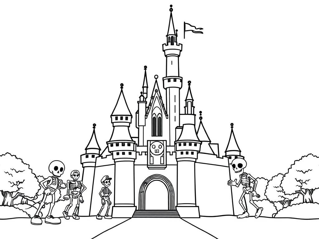 Disney castle with Mickey Mouse and Mario, and skeletons - Free Printable Coloring Page