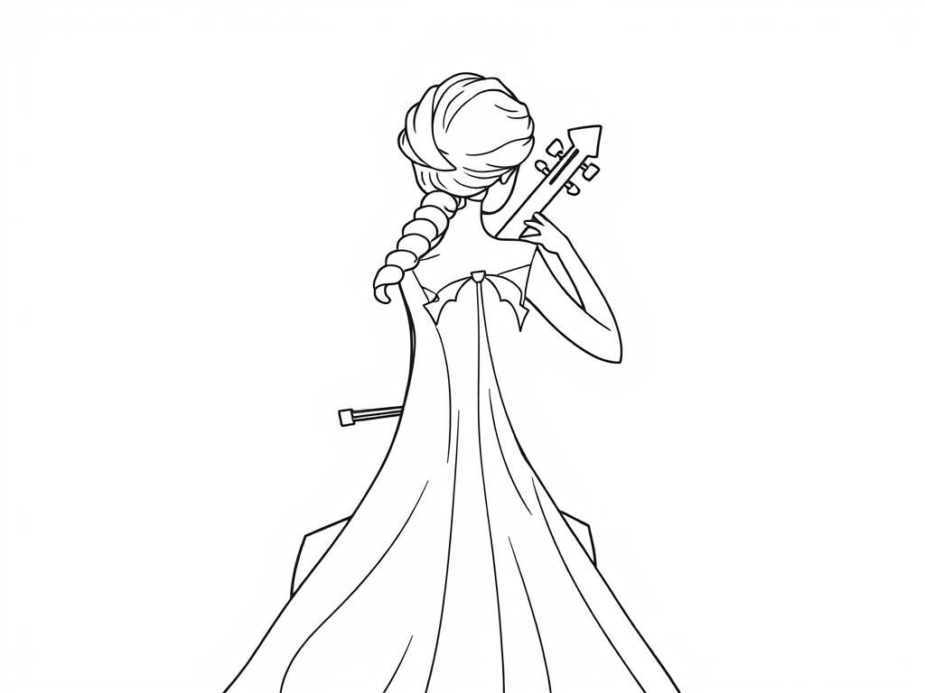 disney Elsa playing cello, fotographed from her back