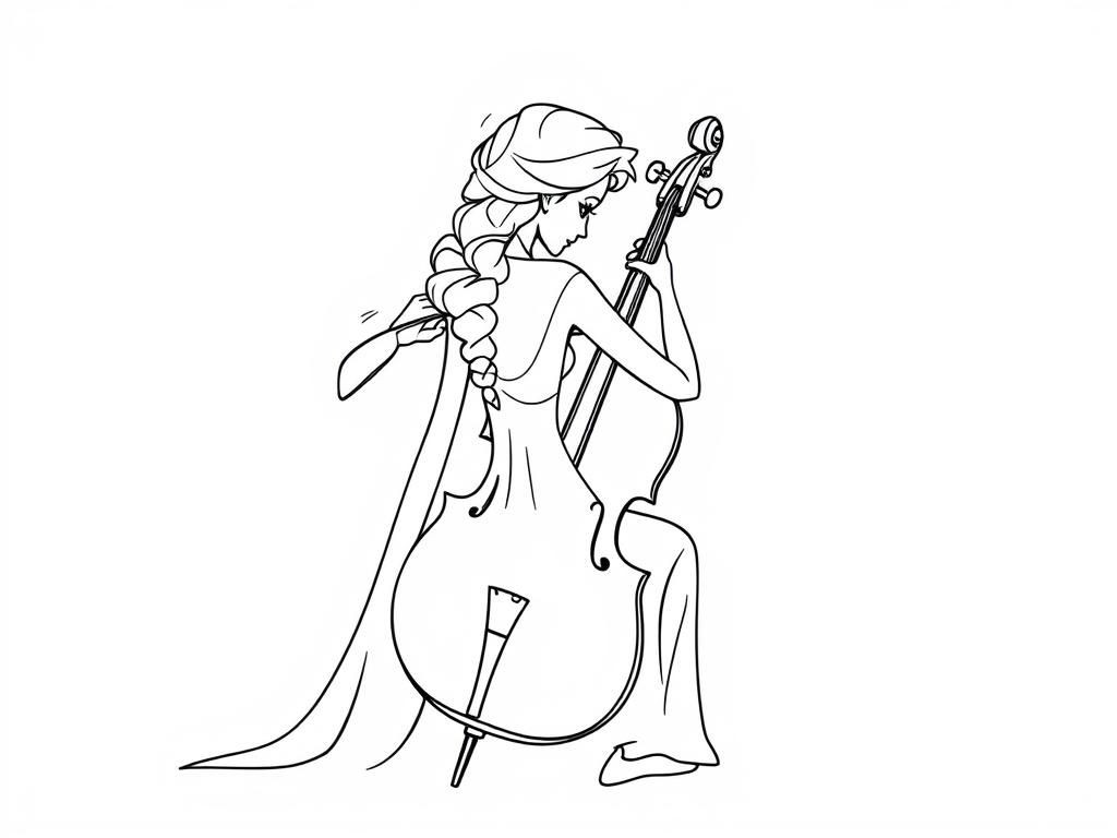 disney Elsa playing cello, fotographed from her back - Free Printable Coloring Page