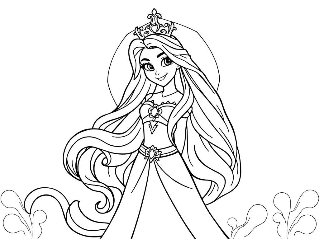 Princess Coloring Page with Long Hair and Crown