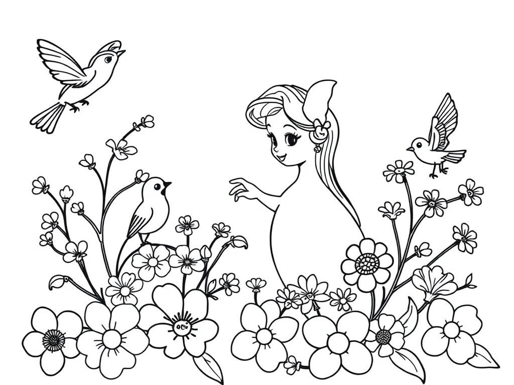 Princess and Birds Coloring Page