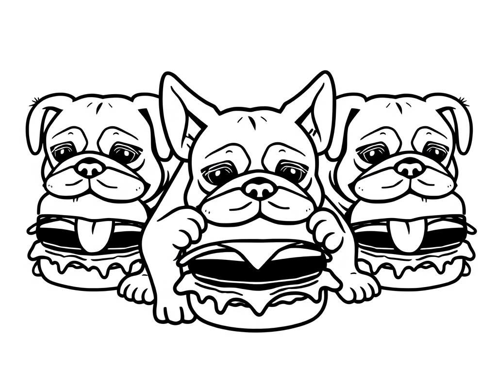 Coloring Page of Adorable French Bulldog Puppies with a Tasty Burger