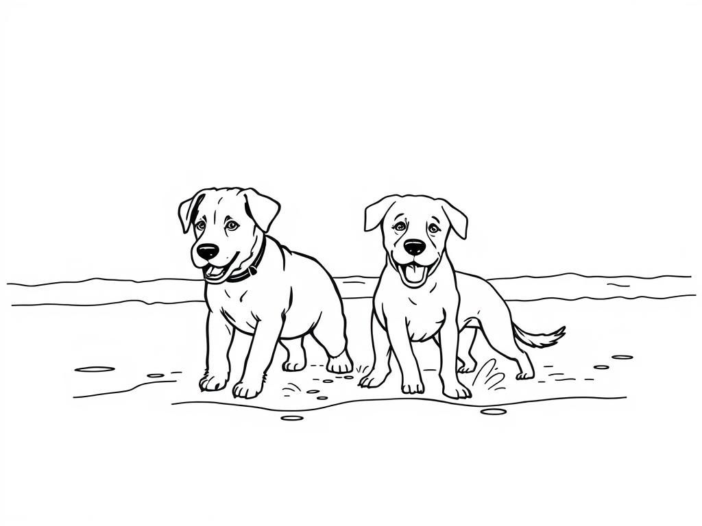 dogs playing at the beach - Free Printable Coloring Page