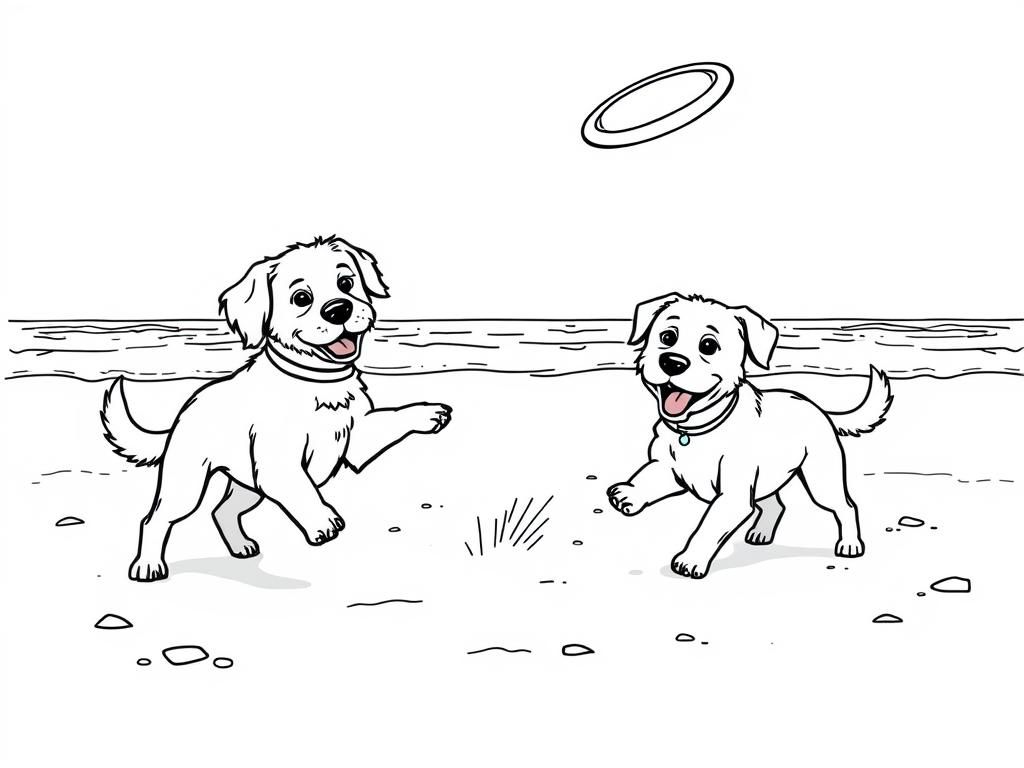 dogs playing with a frisbee at the beach - Free Printable Coloring Page
