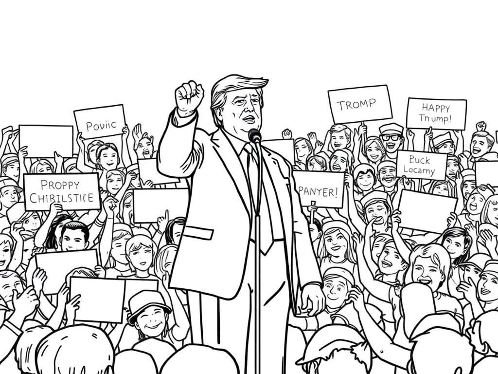 Preview of Donald Trump at a rally, standing with a microphone and an excited crowd holding signs.