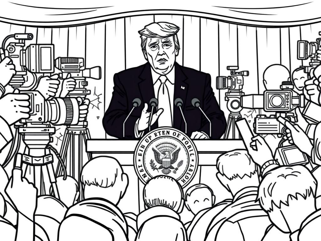 Preview of Donald Trump hosting a press conference, with cameras and reporters all around him.