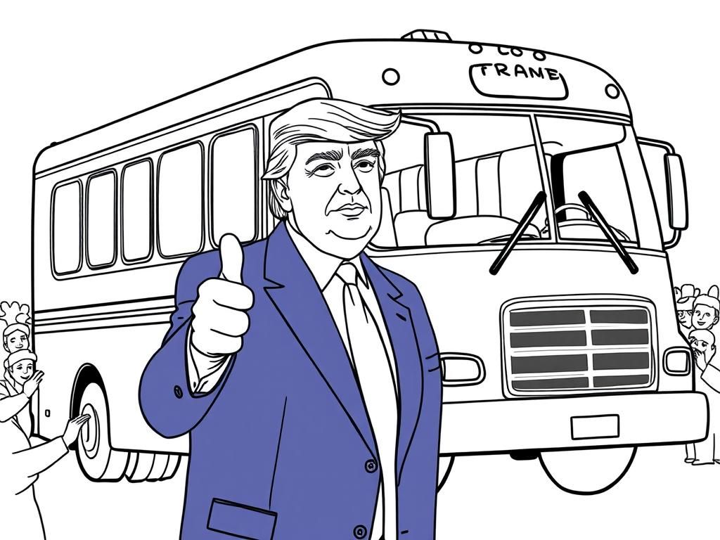 Preview of Donald Trump in front of a campaign bus, giving a thumbs up to supporters.