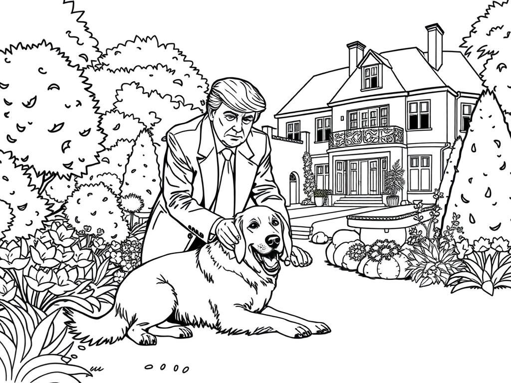 Preview of Donald Trump playing with a golden retriever in a garden near a mansion.