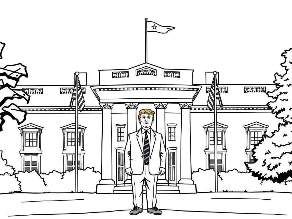 Preview of Donald Trump standing in front of the White House, with flags flying and security guards nearby