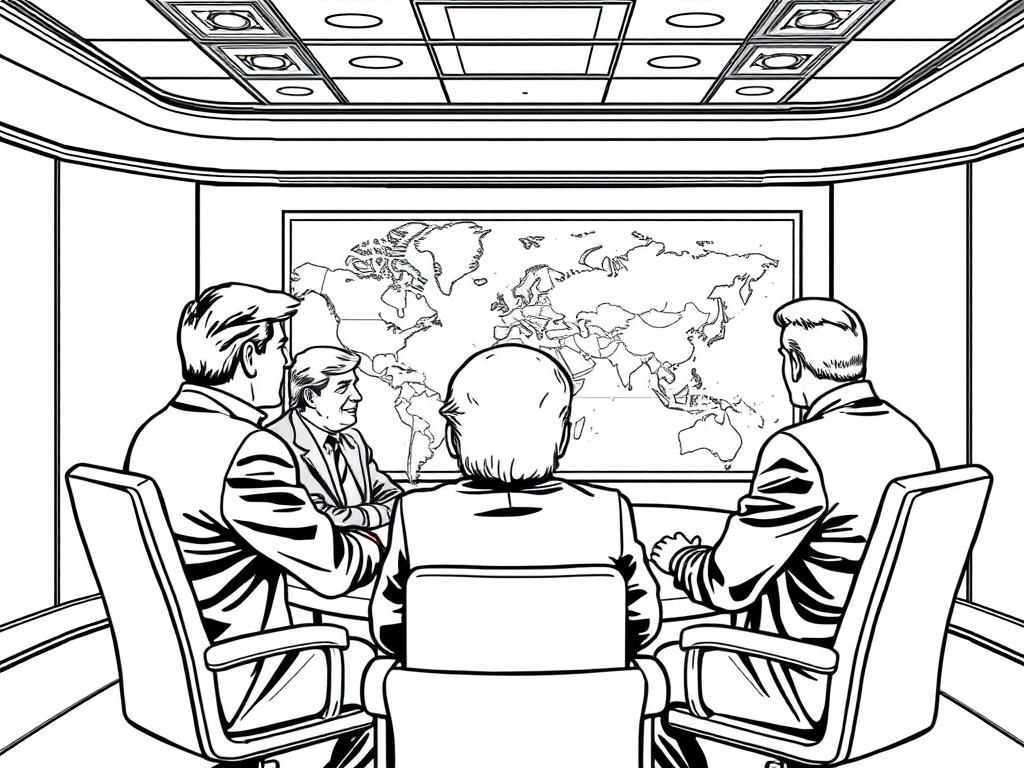 Preview of Donald Trump surrounded by advisors, discussing a large map in a war room.