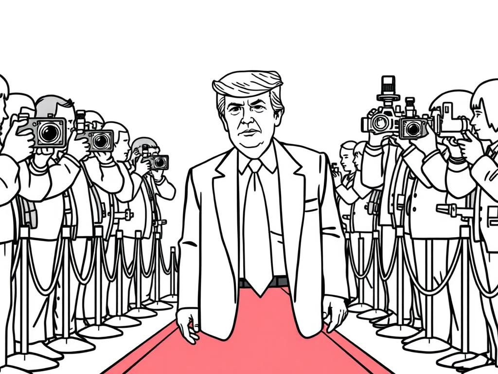 Preview of Donald Trump walking down a red carpet at an event, with photographers flashing cameras.