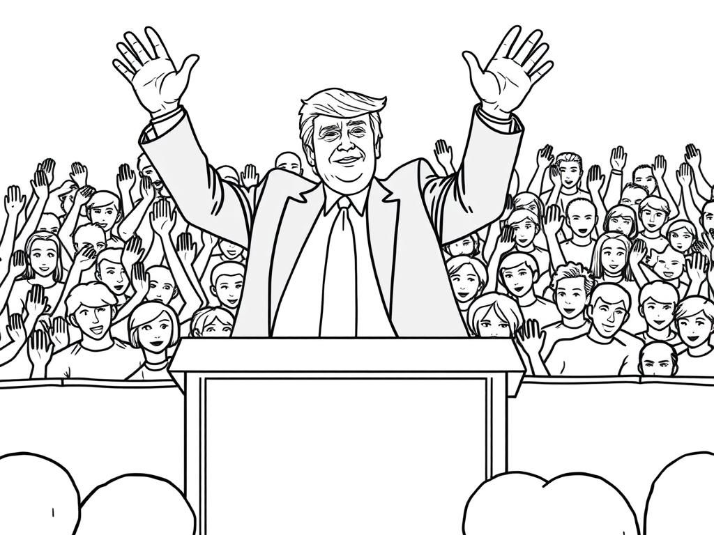 Preview of "Donald Trump waving from a stage, with a crowd of people cheering in the background."