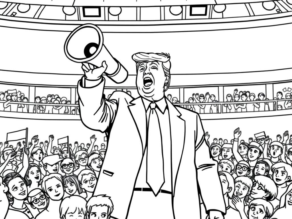 Preview of Donald Trump with a megaphone, rallying a crowd in a stadium.