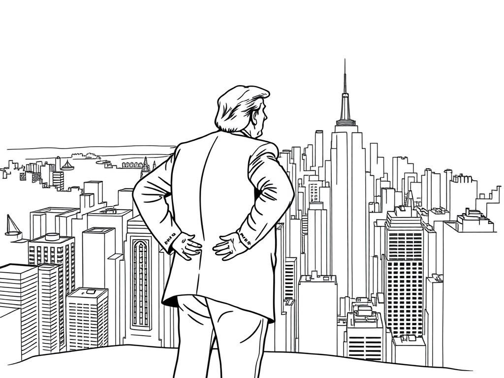 Preview of Donald Trump with his hands on his hips, looking out over a bustling city skyline.