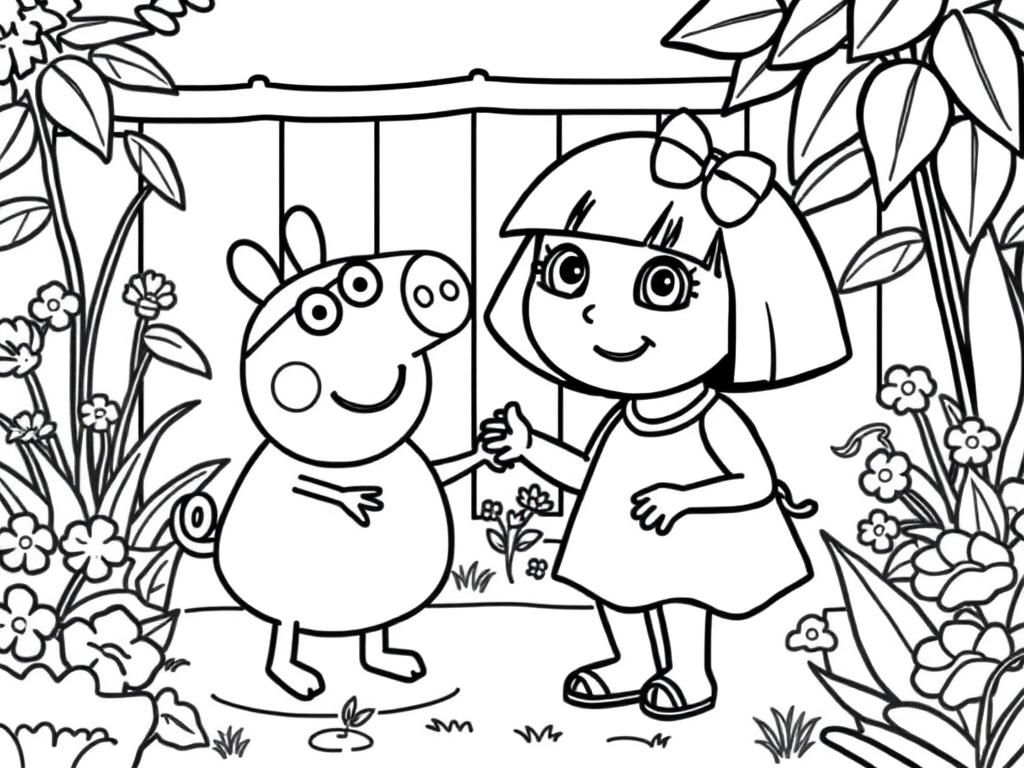 Dora and Peppa pig in garden