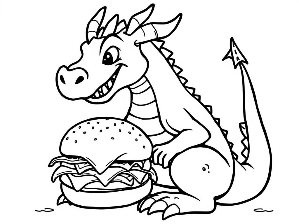 Happy Dragon Eating Burger Coloring Page