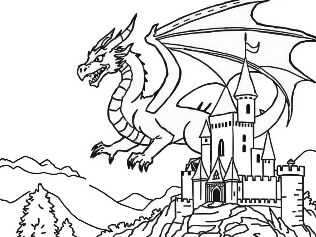 Dragon Over Castle Coloring Page