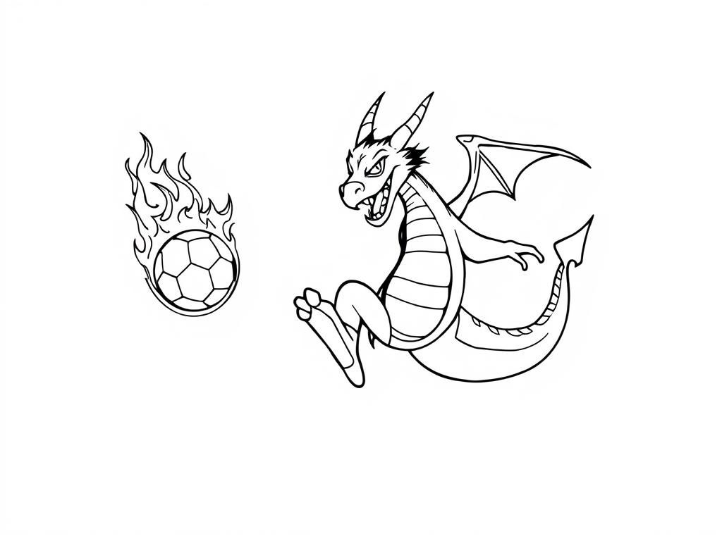 Dragon Kicks Flaming Soccer Ball Coloring Page