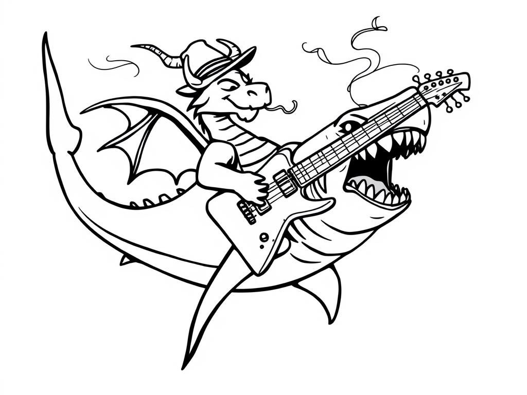 Preview of dragon riding on the back of a shark wearing a cowboy hat and playing electric guitar and the shark is blowing smoke