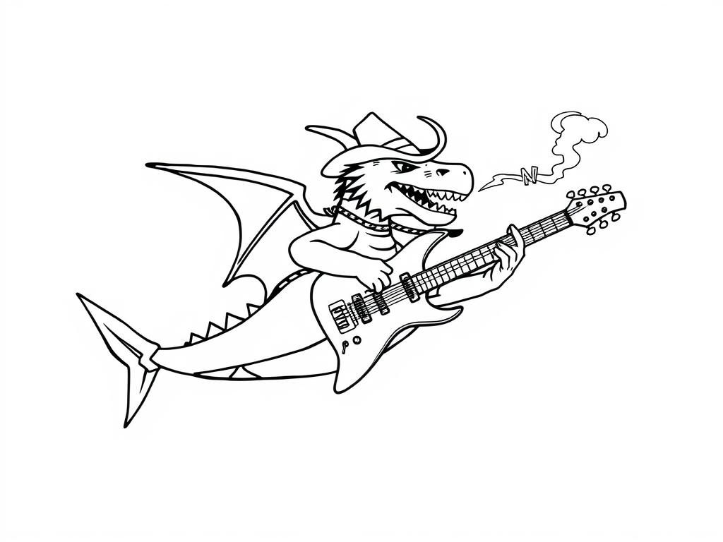 dragon riding on the back of a shark wearing a cowboy hat and playing electric guitar and the shark is blowing smoke thats actually a tattoo on a man's arm