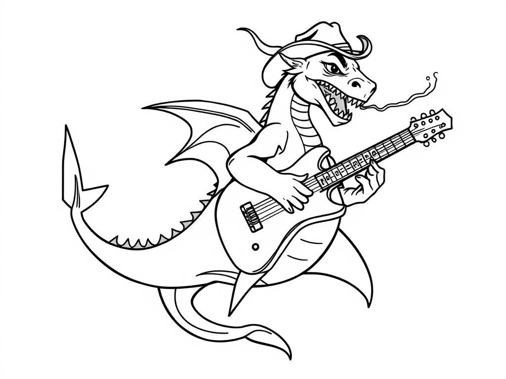 dragon riding on the back of a shark wearing a cowboy hat and playing electric guitar and the shark is blowing smoke thats actually a tattoo on a man's arm