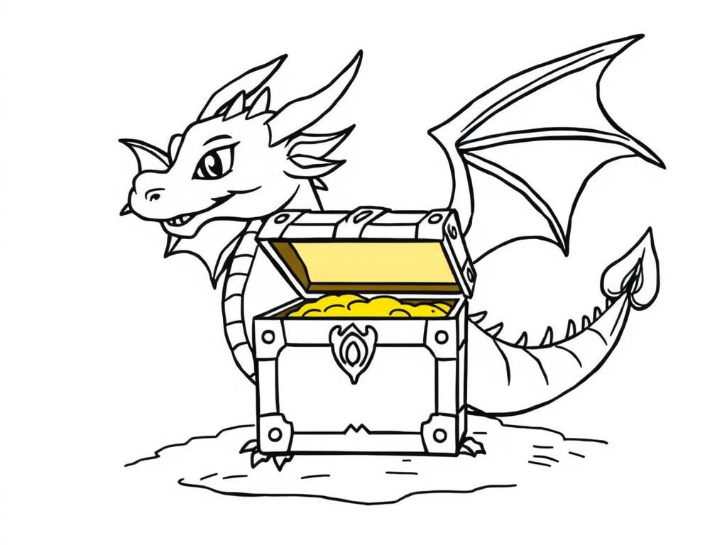 Dragon Tails Coloring Page with Golden Chest - Free Printable Coloring Page