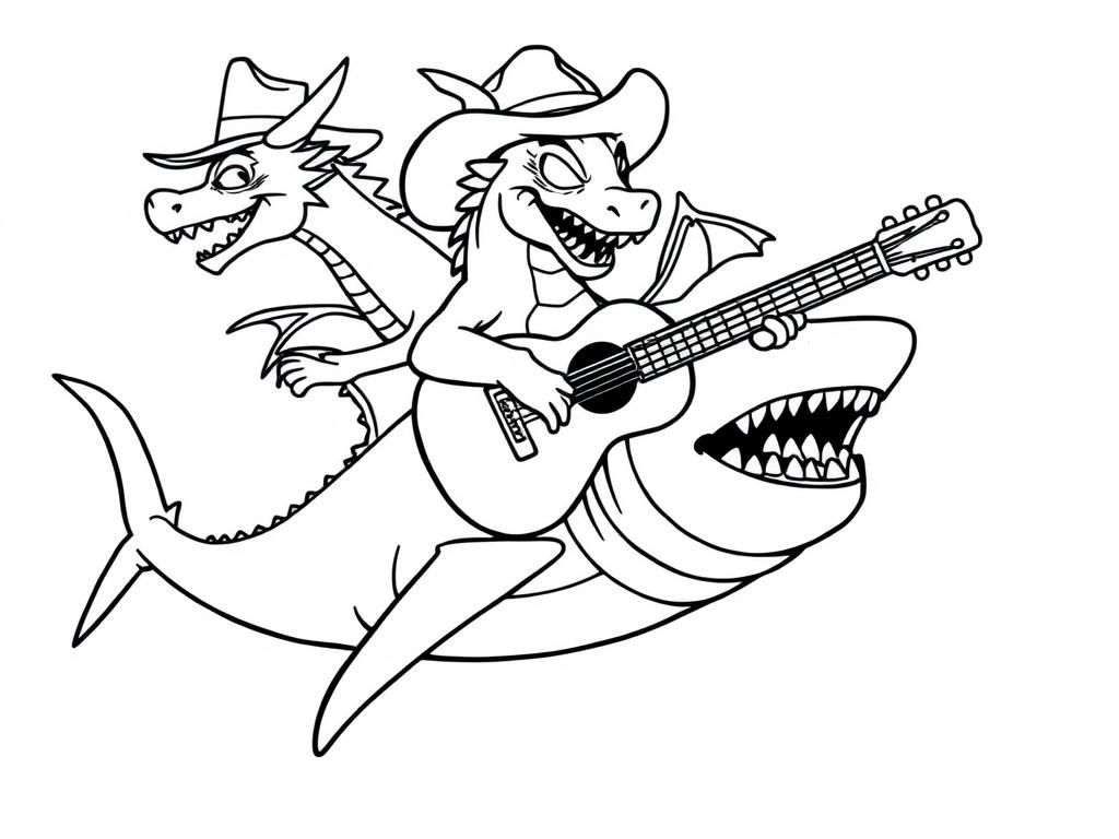 dragons riding on the back of a shark wearing a cowboy hat and playing a guitar