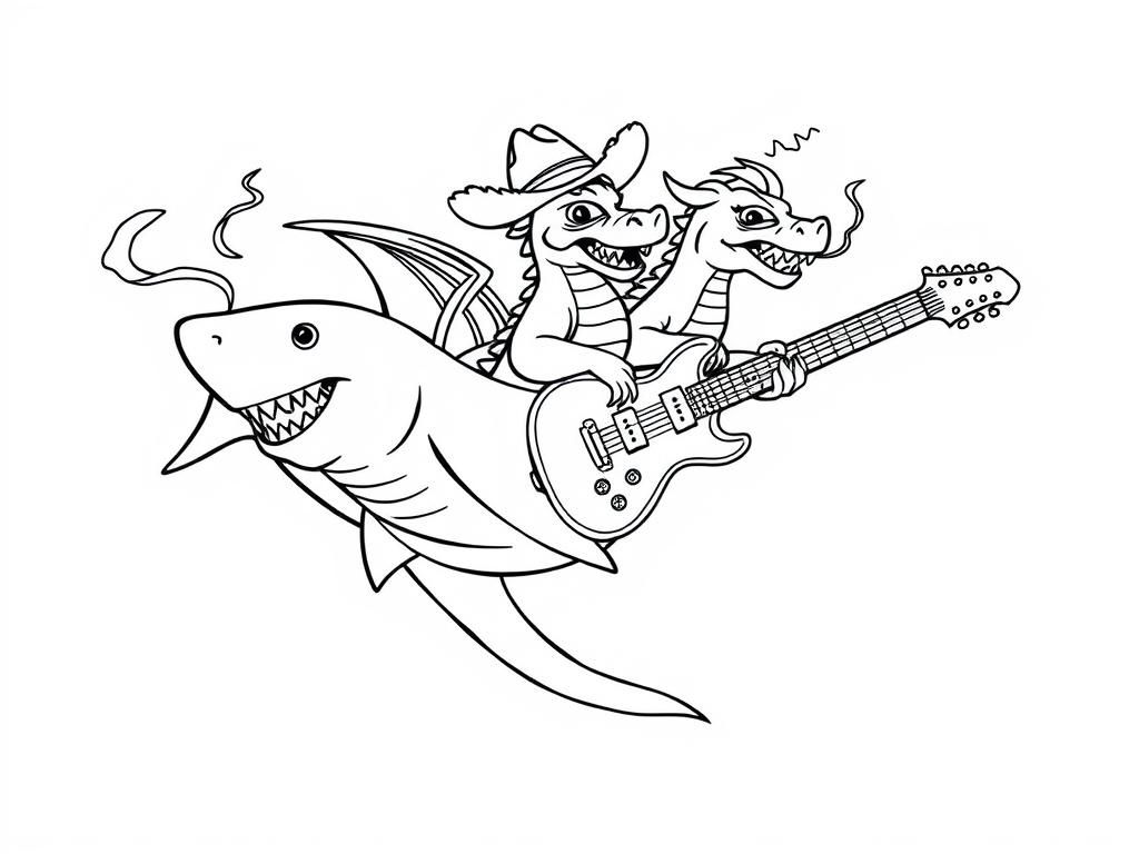 dragons riding on the back of a shark wearing a cowboy hat and playing electric guitar and the shark is blowing smoke