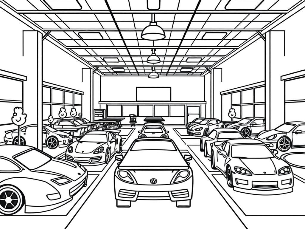 Preview of draw a children's school cafeteria in the context of hotwheels parking lot as seen by someone inside it with the cars as the childrens