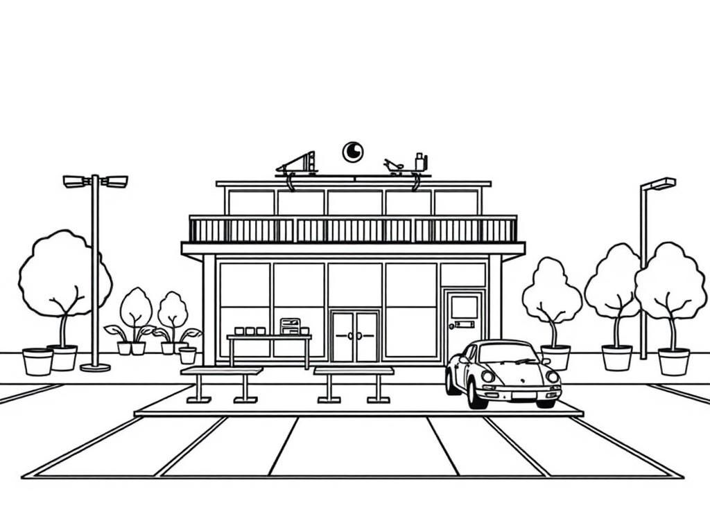 Preview of draw a children's school cafeteria in the context of hotwheels parking lot