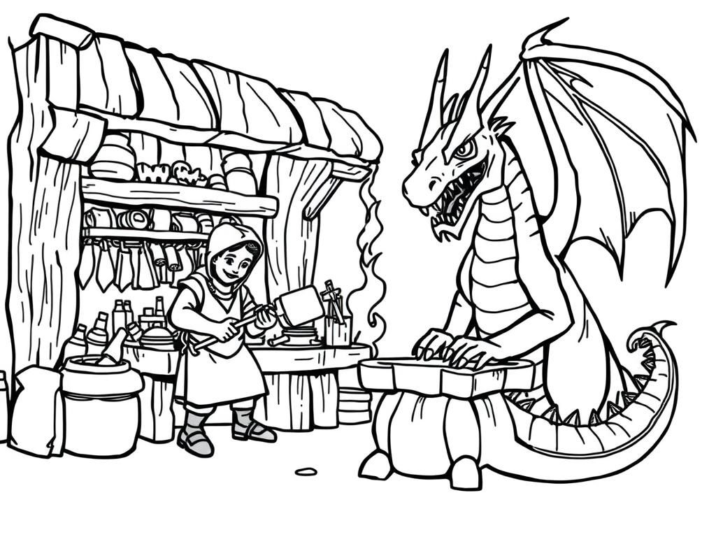 Preview of Draw a coloring page: the blacksmith is working in the workshop, next to the workshop there is a scary dragon. On a white background with black contours, without colors