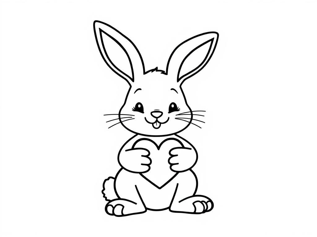 Draw a cute Valentine's Day bunny coloring page for kids, with the bunny holding a heart. Black outlines on a white background. - Valentines Day Coloring Page