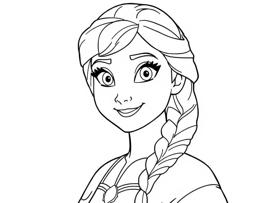 Preview of Draw a Frozen Princess Anna coloring page. It should be a black outline drawing, suitable for children.