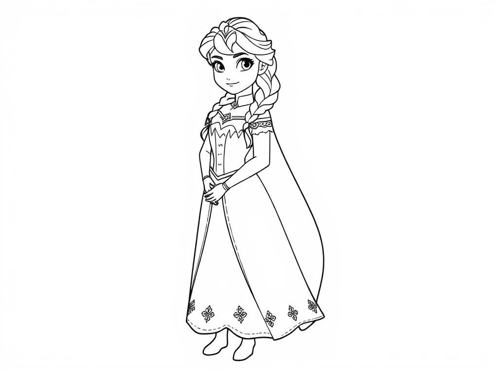 Preview of Draw a Frozen Princess Anna coloring page, it should be a full-length picture. It should be a black outline drawing, for children.