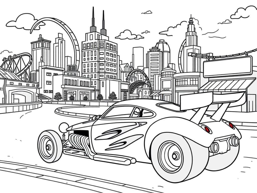 Preview of draw a hothweels themed city with a dragster car. city must depict loops and other cars