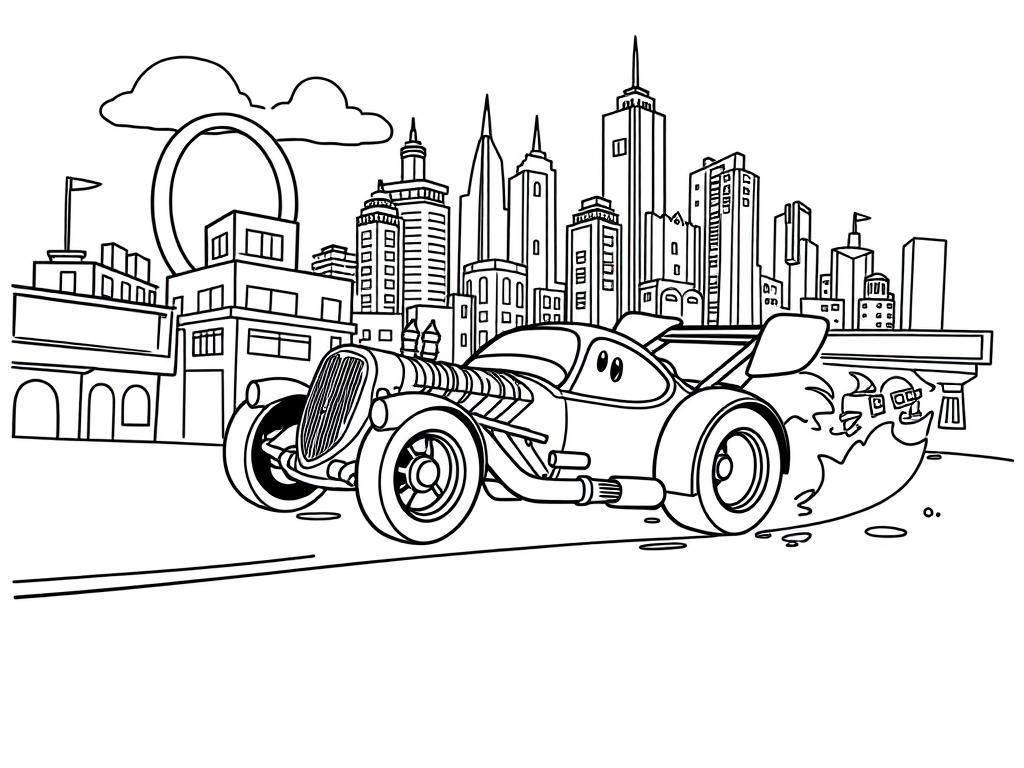 Preview of draw a hothweels themed city with a dragster rat car. city must depict loops and other cars