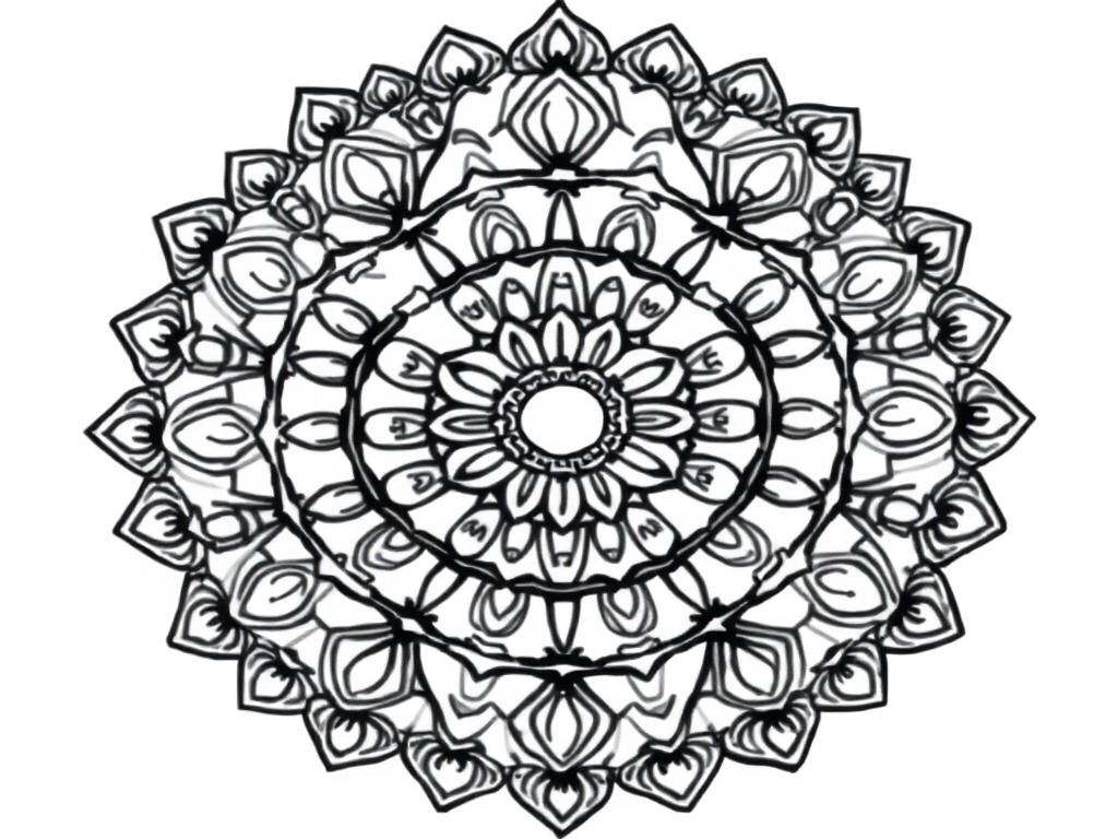 Preview of Draw a round mandala coloring page for adults with black outlines on a white background. The black outline should be no more than 2 pixels thick.