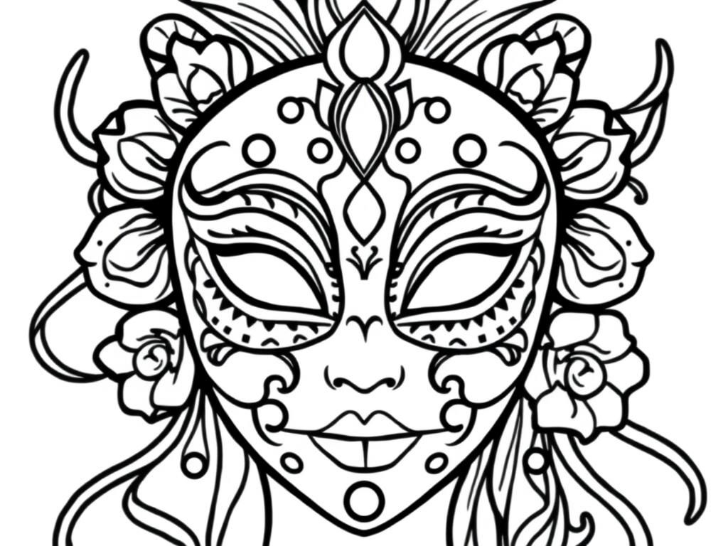 Preview of draw a simple black and white beautiful carnival full face mask for girls, on a white background with only black outlines