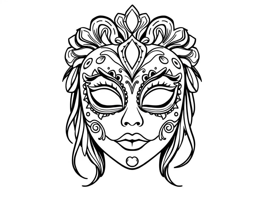 Preview of draw a simple black and white beautiful carnival full face mask for girls, on a white background with only black outlines