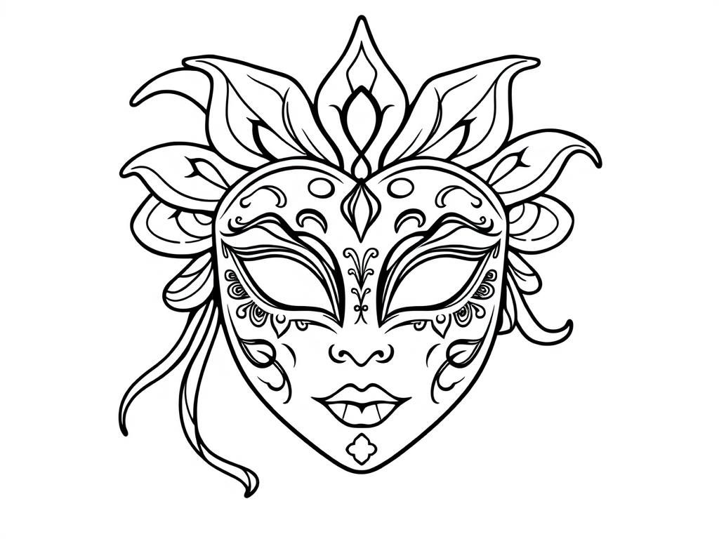 Preview of draw a simple black and white beautiful carnival mask for girls, on a white background with only black outlines