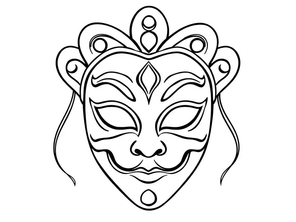 Preview of draw a simple black and white carnival full face mask for children, with only black outlines on a white background