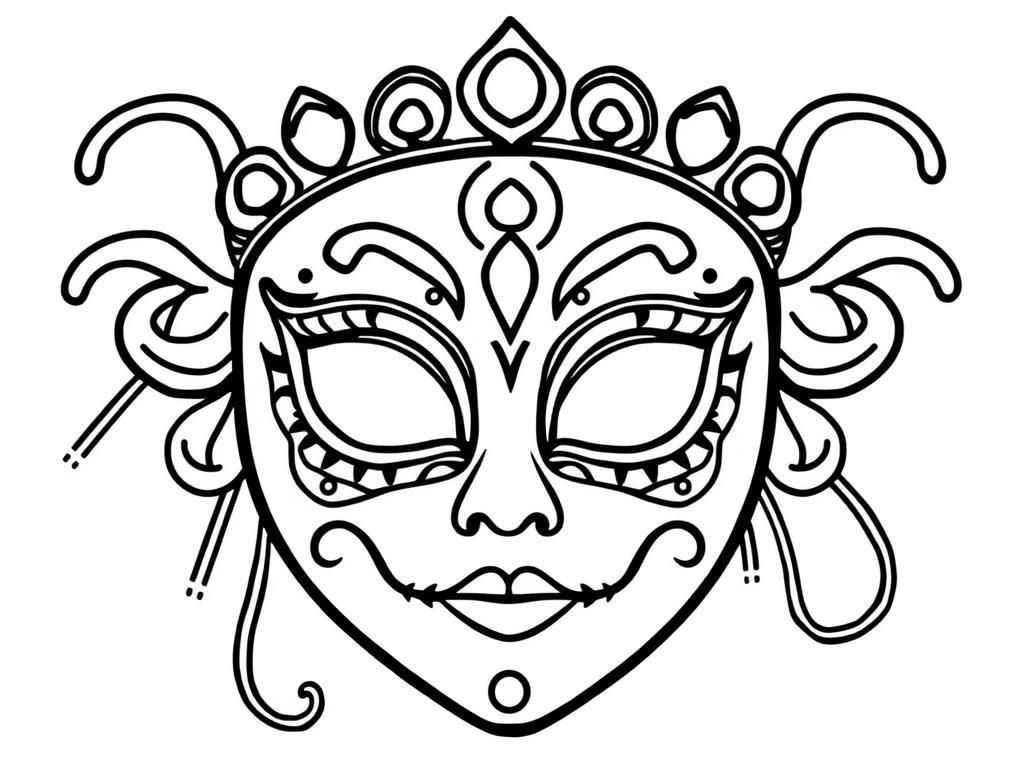 Preview of draw a simple black and white cute carnival full face mask for girls, on a white background with only black outlines