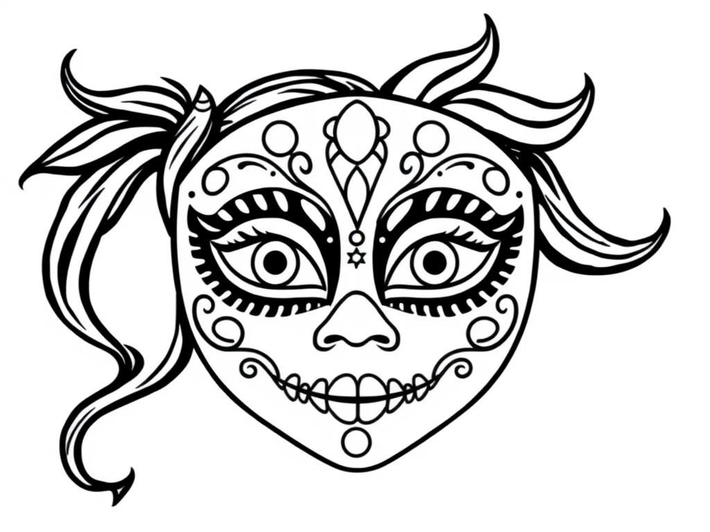 Preview of draw a simple black and white fun carnival full face mask for girls, on a white background with only black outlines