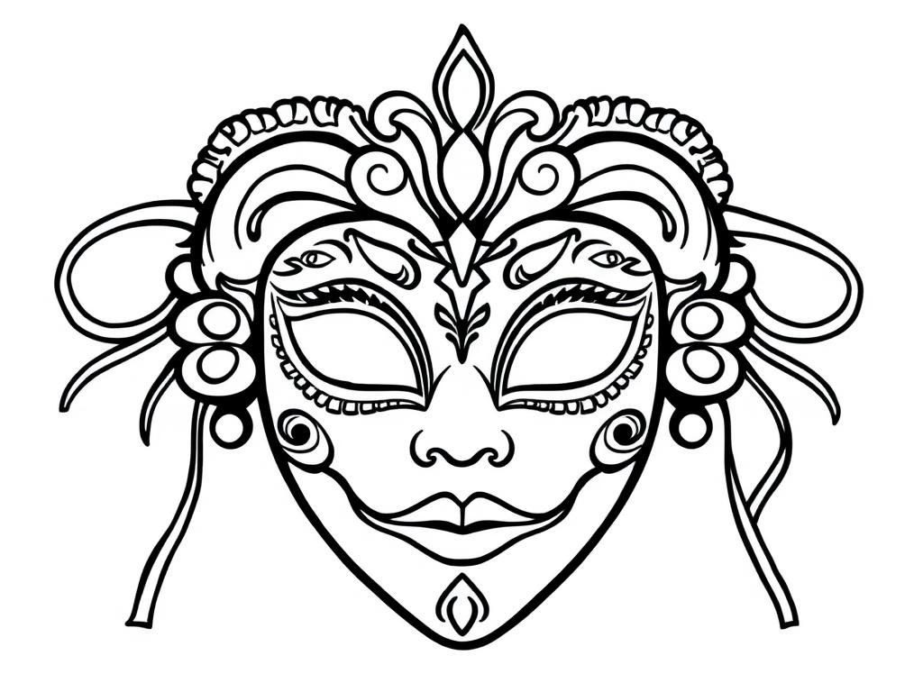 Preview of draw a simple black and white nice carnival full face mask for girls, on a white background with only black outlines