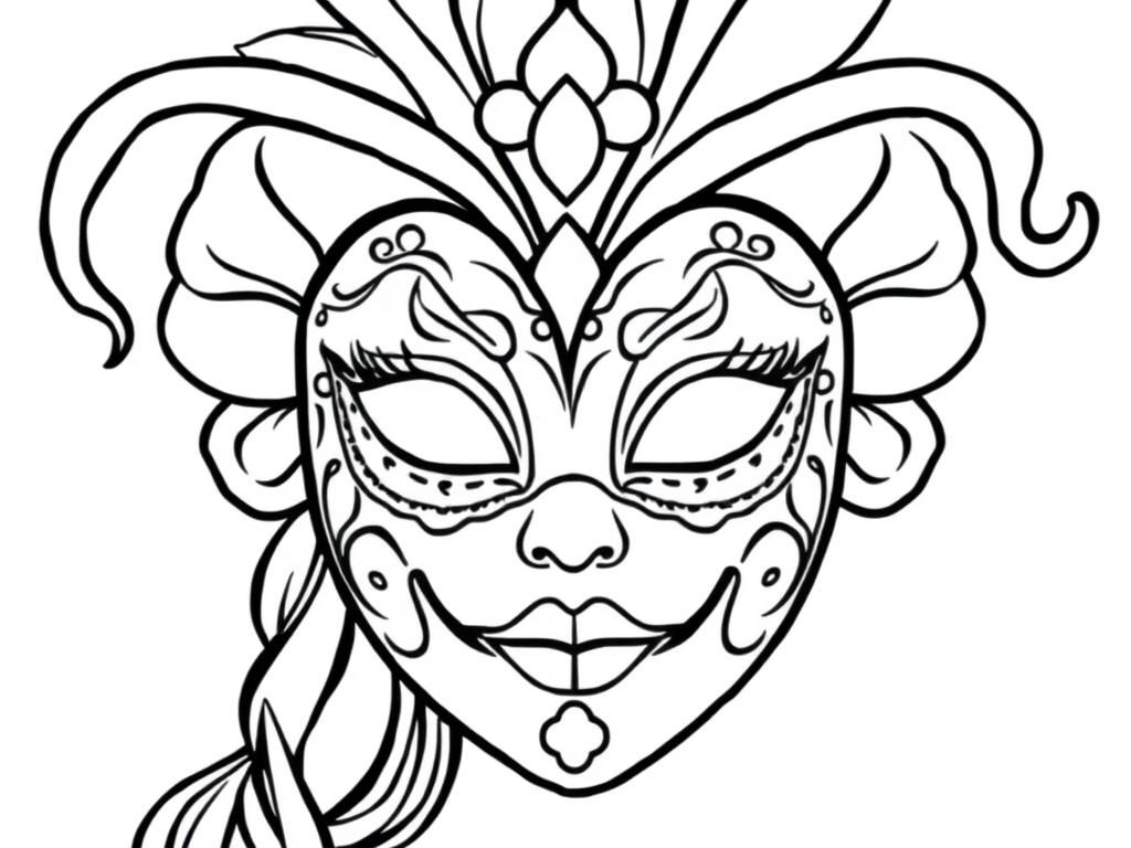 Preview of draw a simple black and white nice carnival full face mask for girls, on a white background with only black outlines