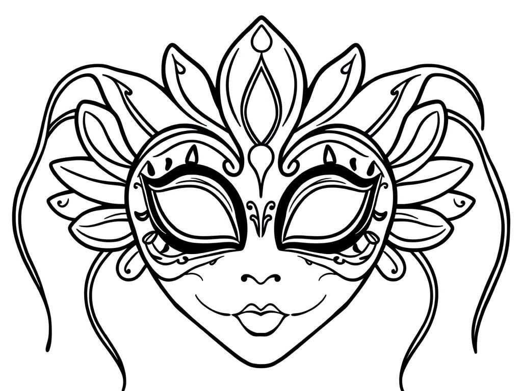 Preview of draw a simple black and white nice carnival mask for girls, on a white background with only black outlines