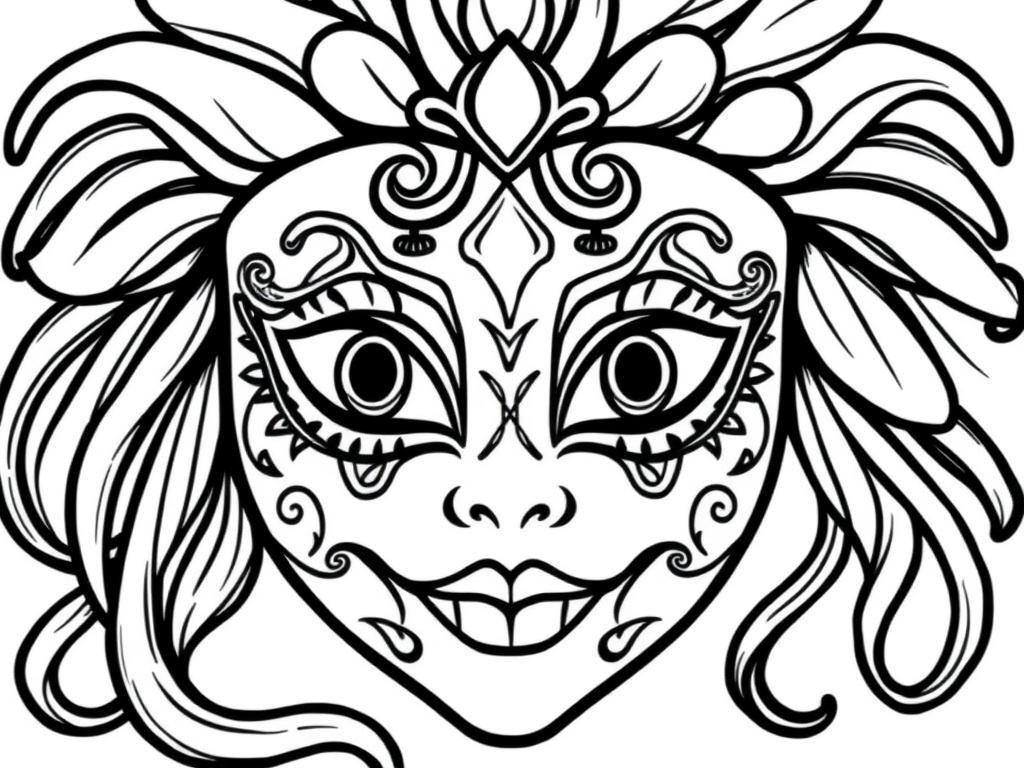 Preview of draw a simple black and white nice full carnival mask for girls, on a white background with only black outlines